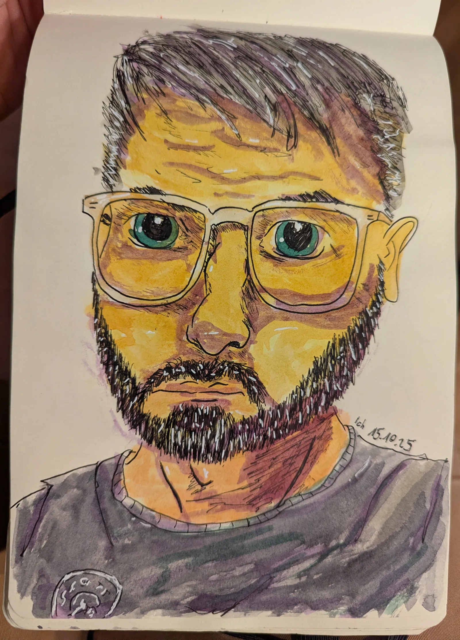 Pen and watercolor self-portrait, close-up, wearing glasses