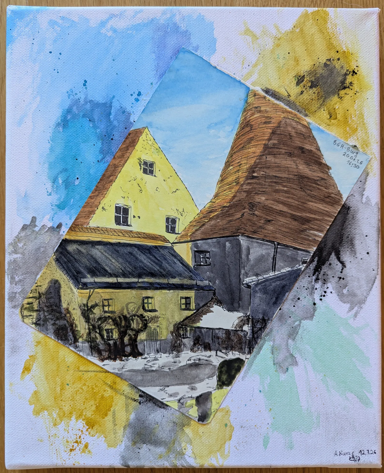 Watercolor, pinned to canvas.