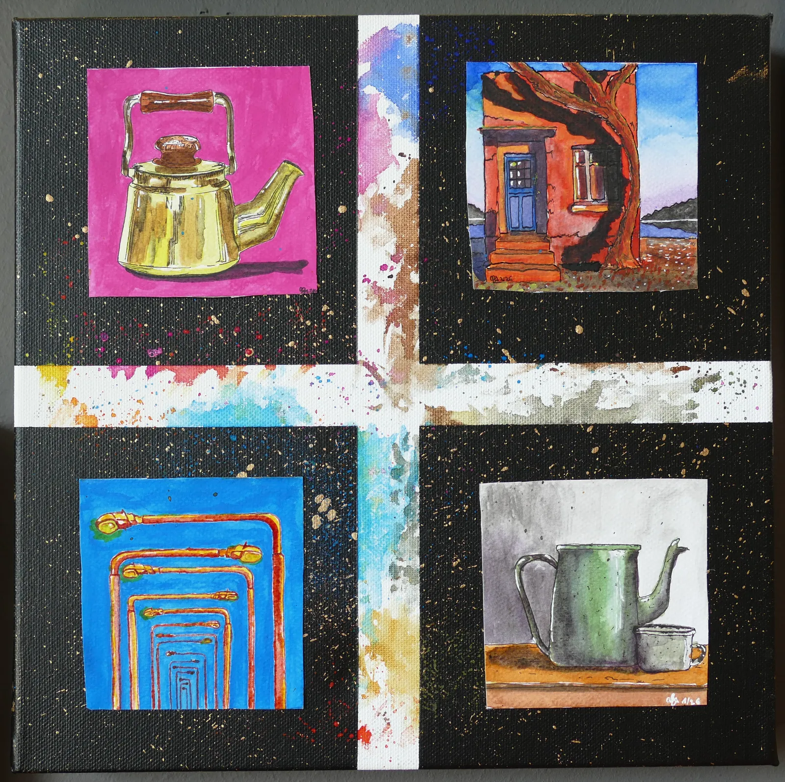 Multiple watercolors, pinned to canvas.